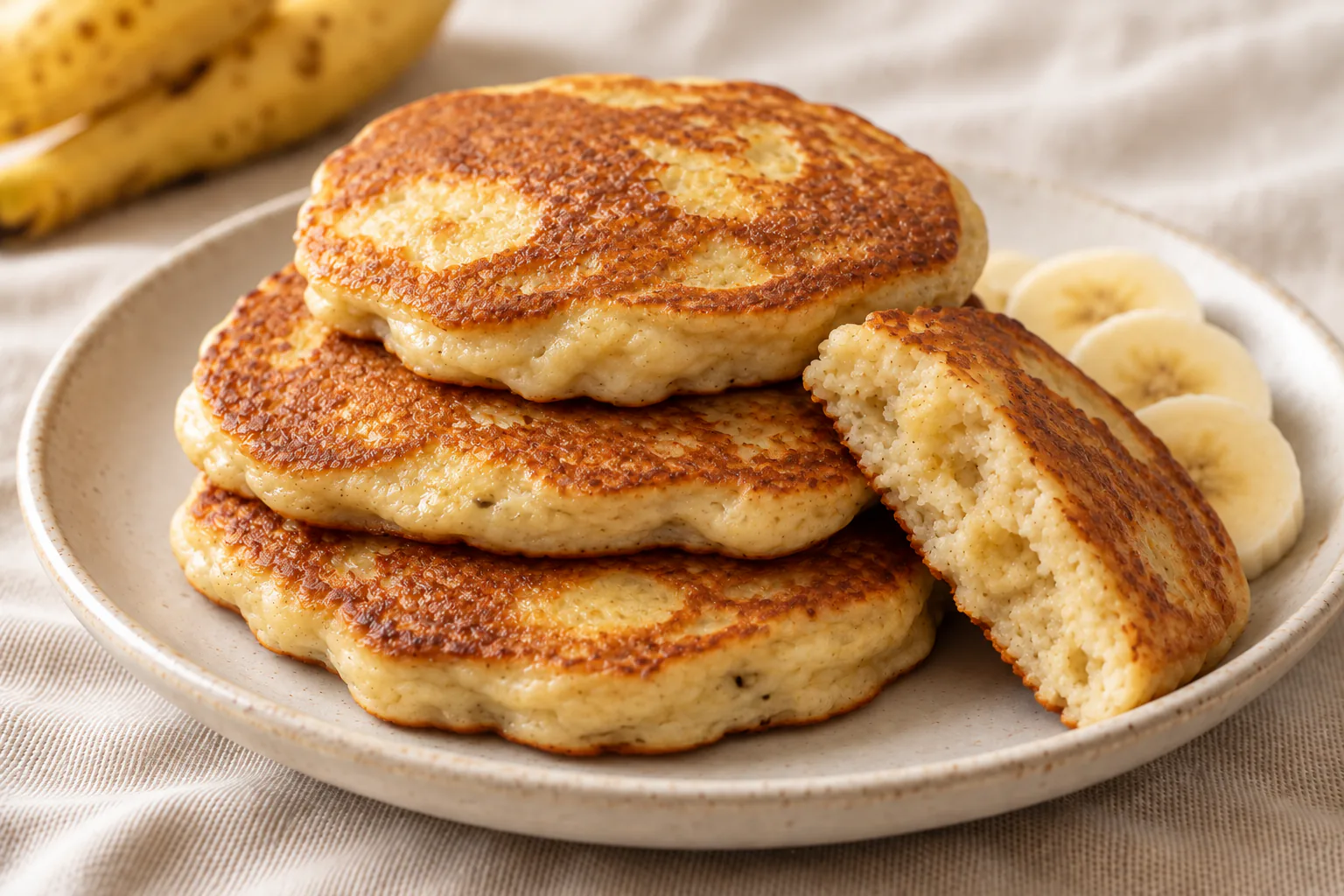 Thick irregular gluten-free banana pancakes with golden-brown tops and a tender crumb