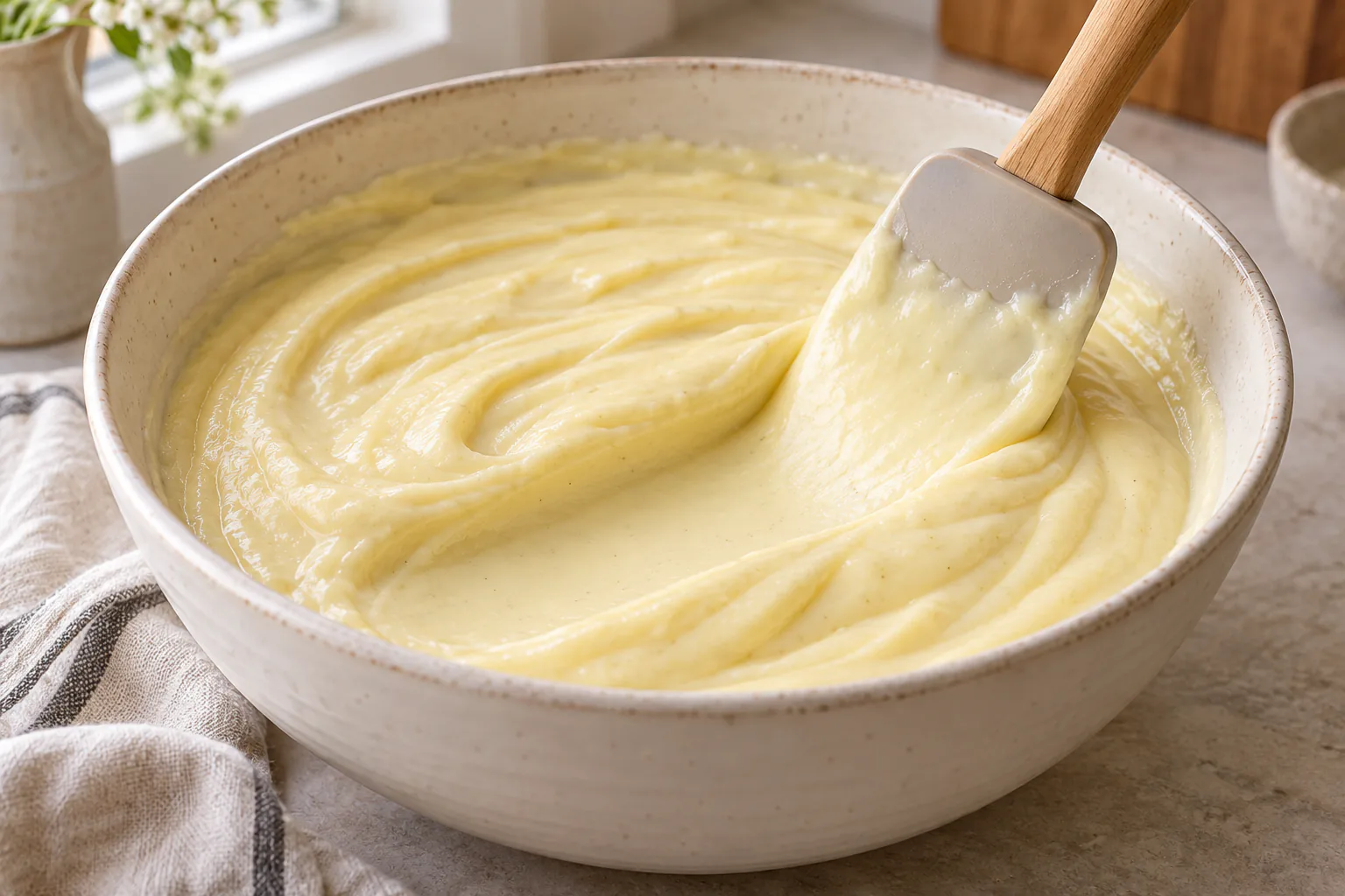 Thick pale eggless vanilla custard with a clear spatula channel in a ceramic bowl