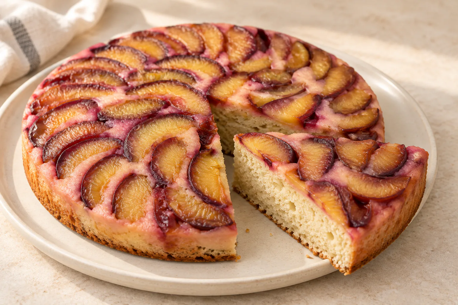 Round upside-down plum cake with one slice showing the pale crumb