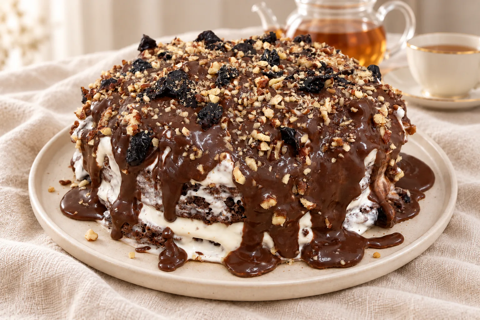 Chocolate prune cake with a mound of cream-coated cake pieces, glaze and nuts