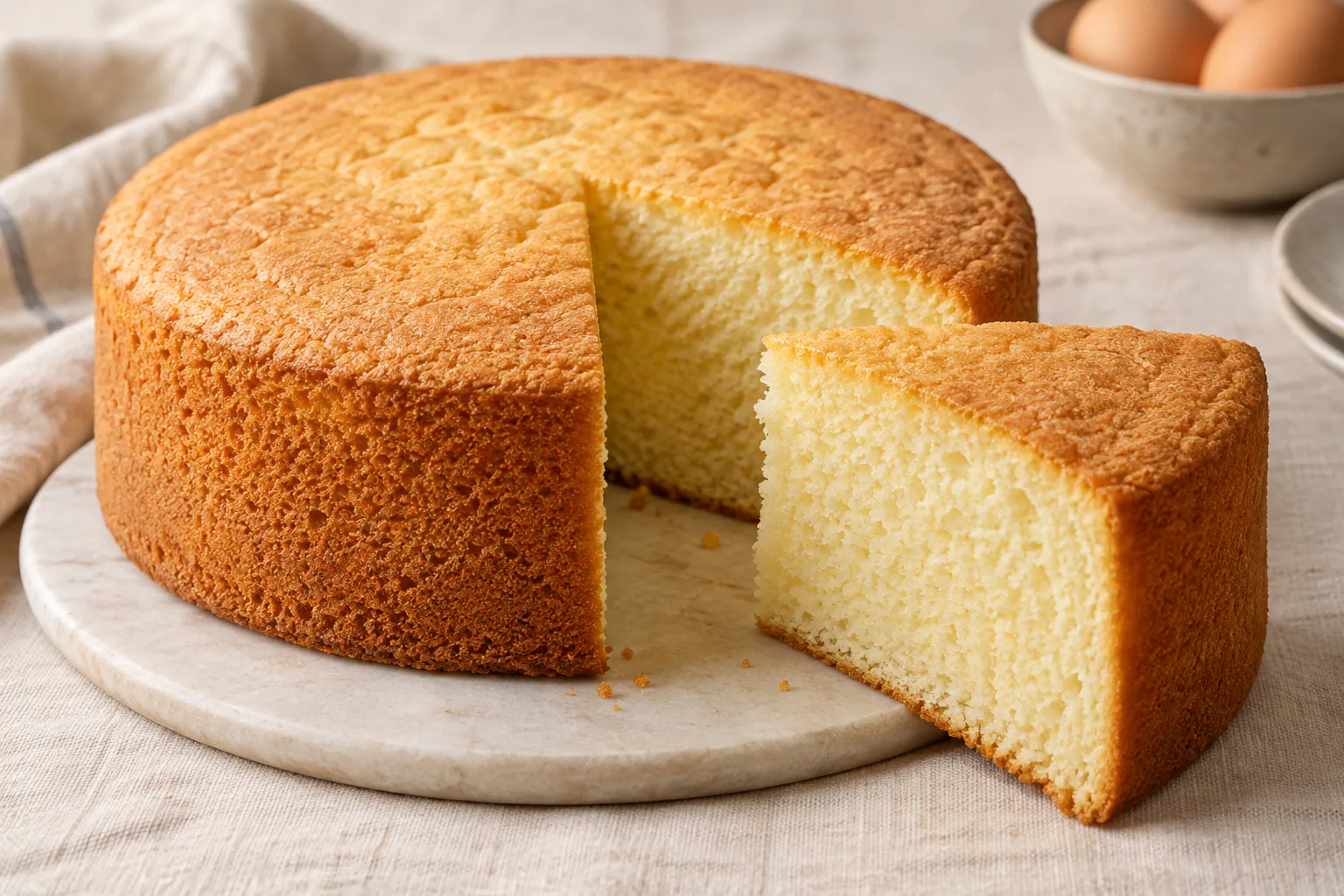 Tall plain gluten-free sponge cake with one wedge cut