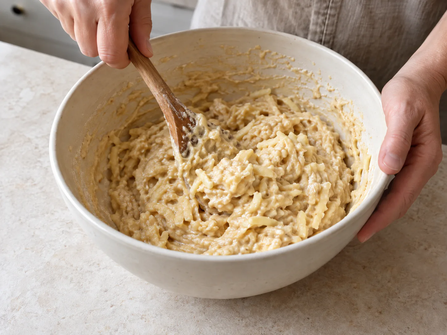 Thick apple-fritter batter with coarse apple shreds mixed in a ceramic bowl