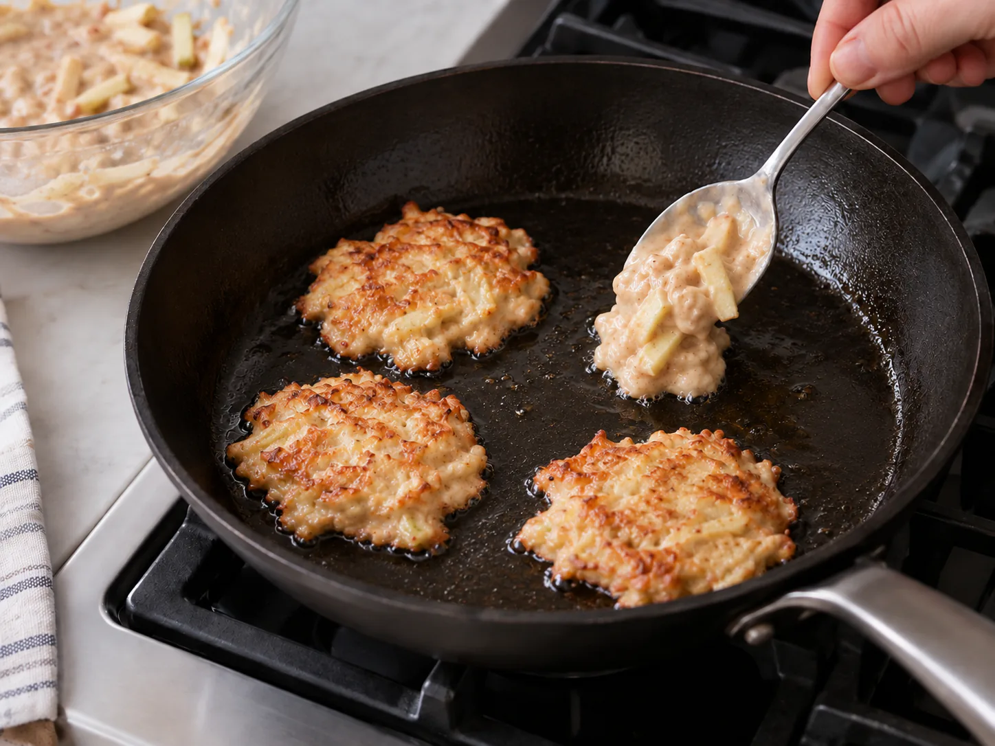 Small apple fritters frying in a lightly oiled uncovered pan