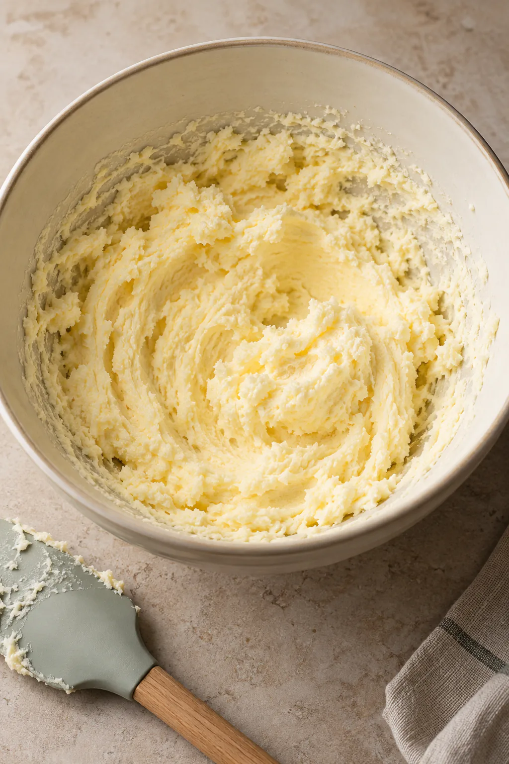 Pale fluffy butter and sugar mixture in a bowl