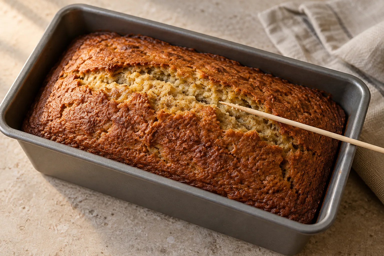 Golden banana loaf with a skewer in the centre