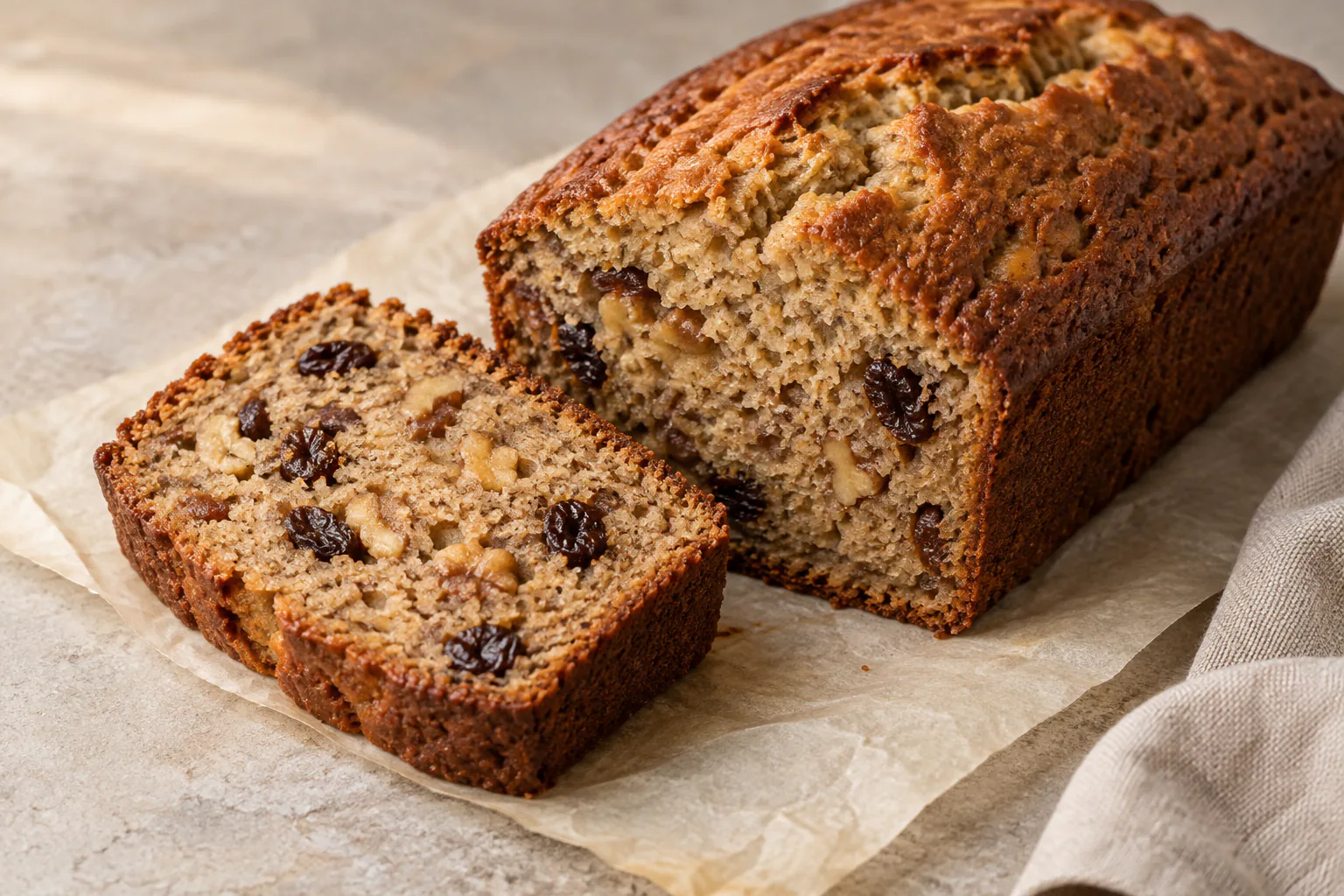 Cooled banana bread with a cut slice showing walnuts and raisins