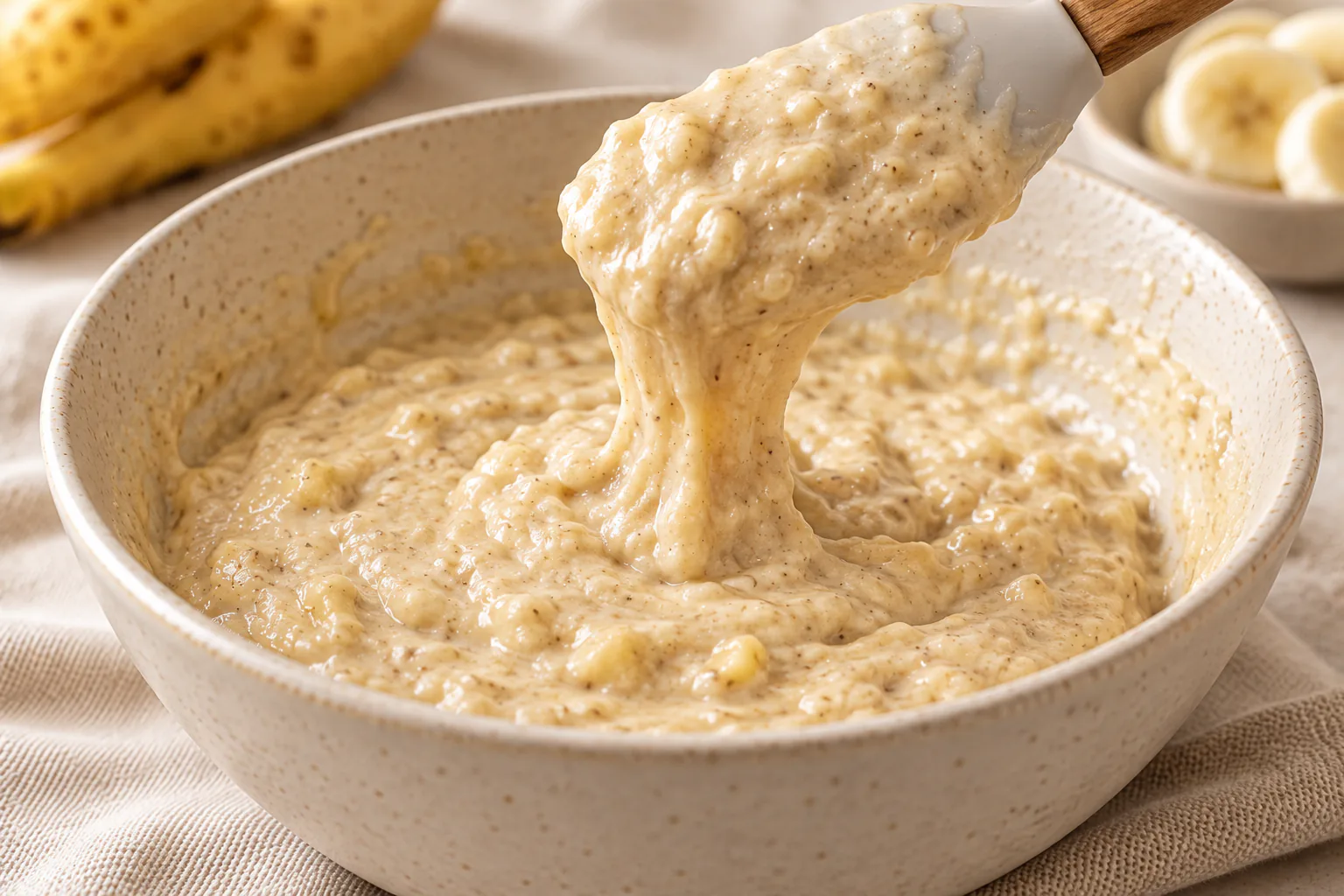 Thick banana pancake batter falling from a spatula with small lumps visible