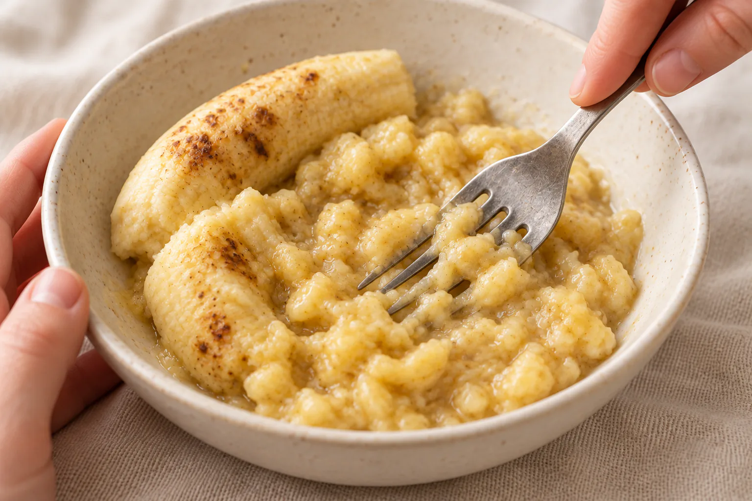 Very ripe bananas mashed with a fork while small soft pieces remain