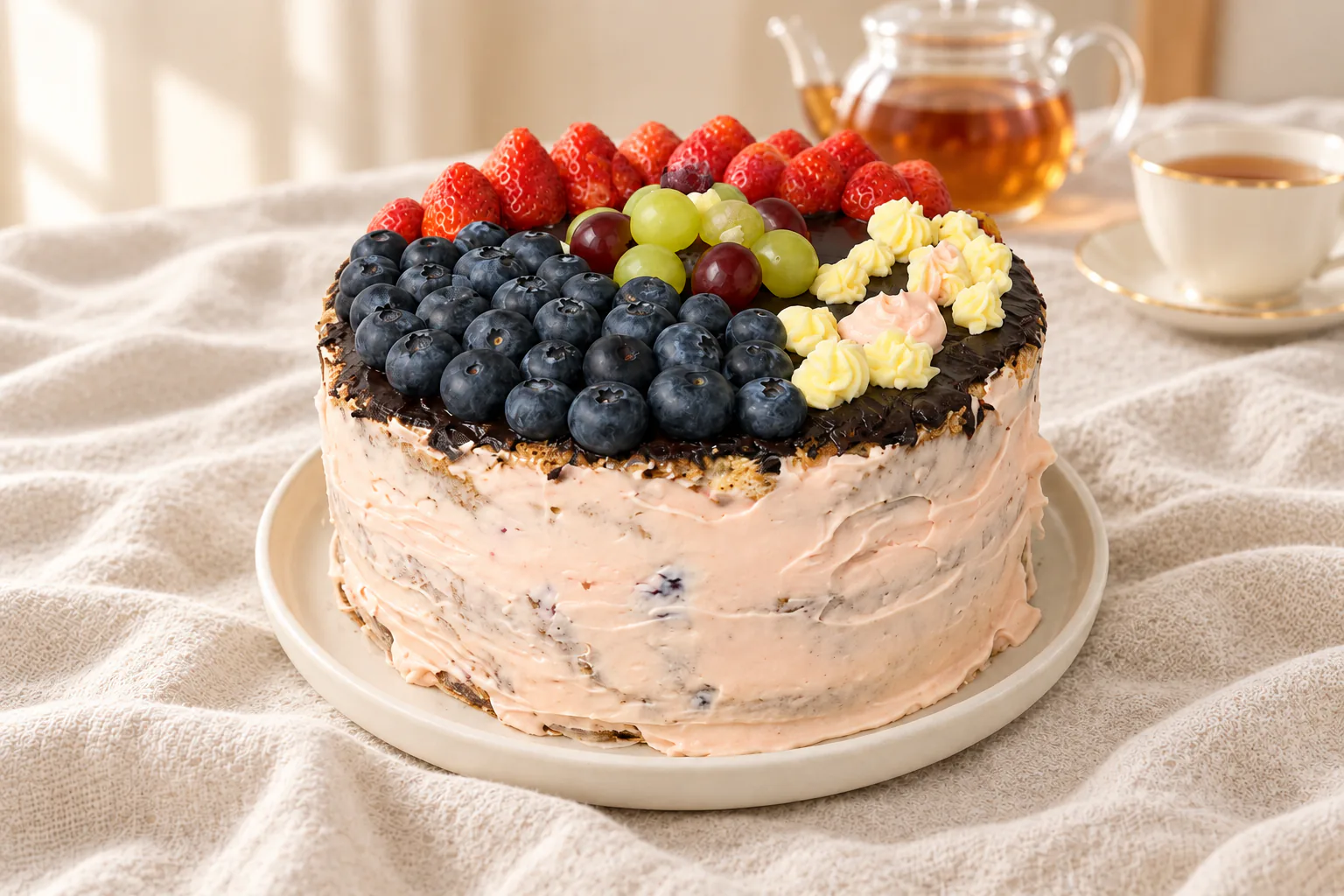 Tall homemade fruit cake with chocolate glaze and cream flowers