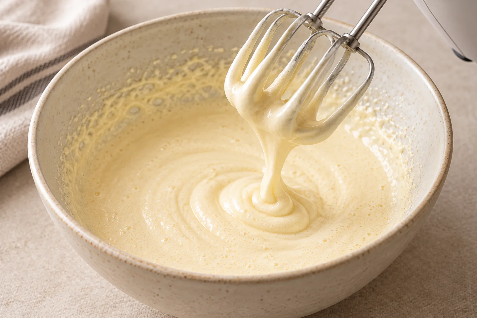 Pale even mixture of eggs, sugar and softened butter falling from mixer beaters into a ceramic bowl
