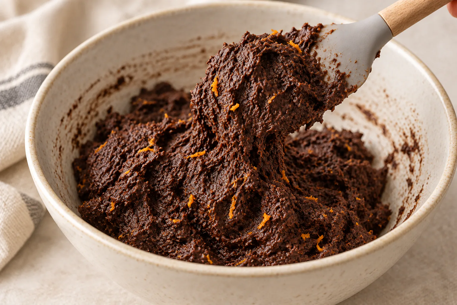 Very sticky chocolate dough stretching from a spatula above a ceramic bowl