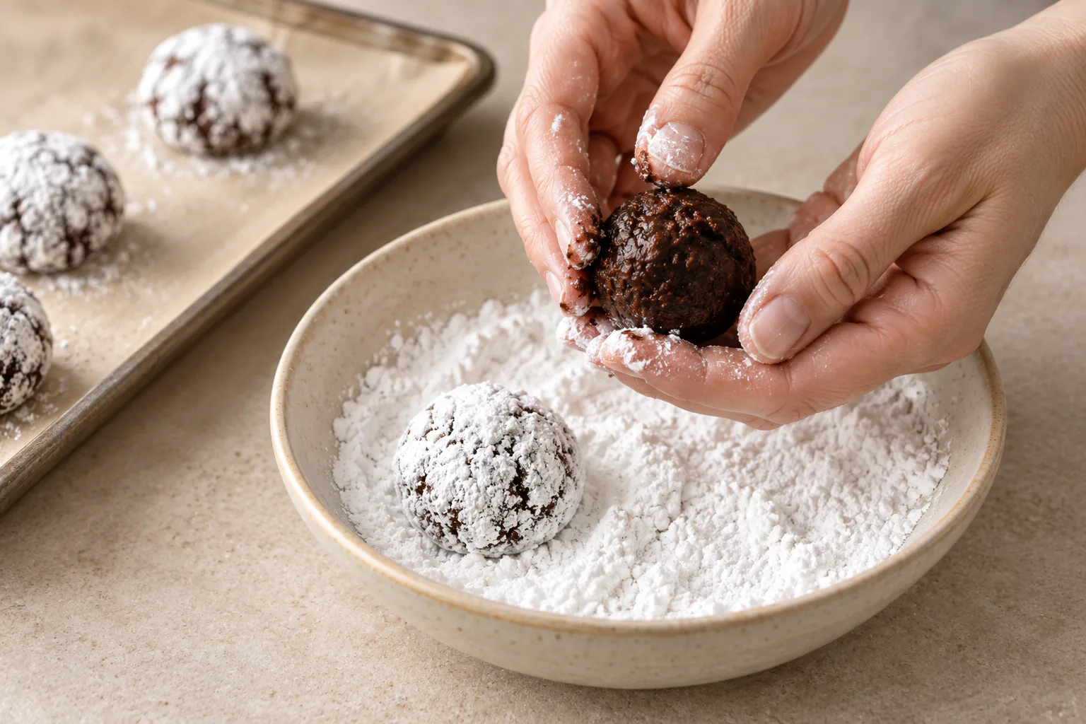 Hands quickly round chocolate dough over a bowl of icing sugar beside a fully coated ball