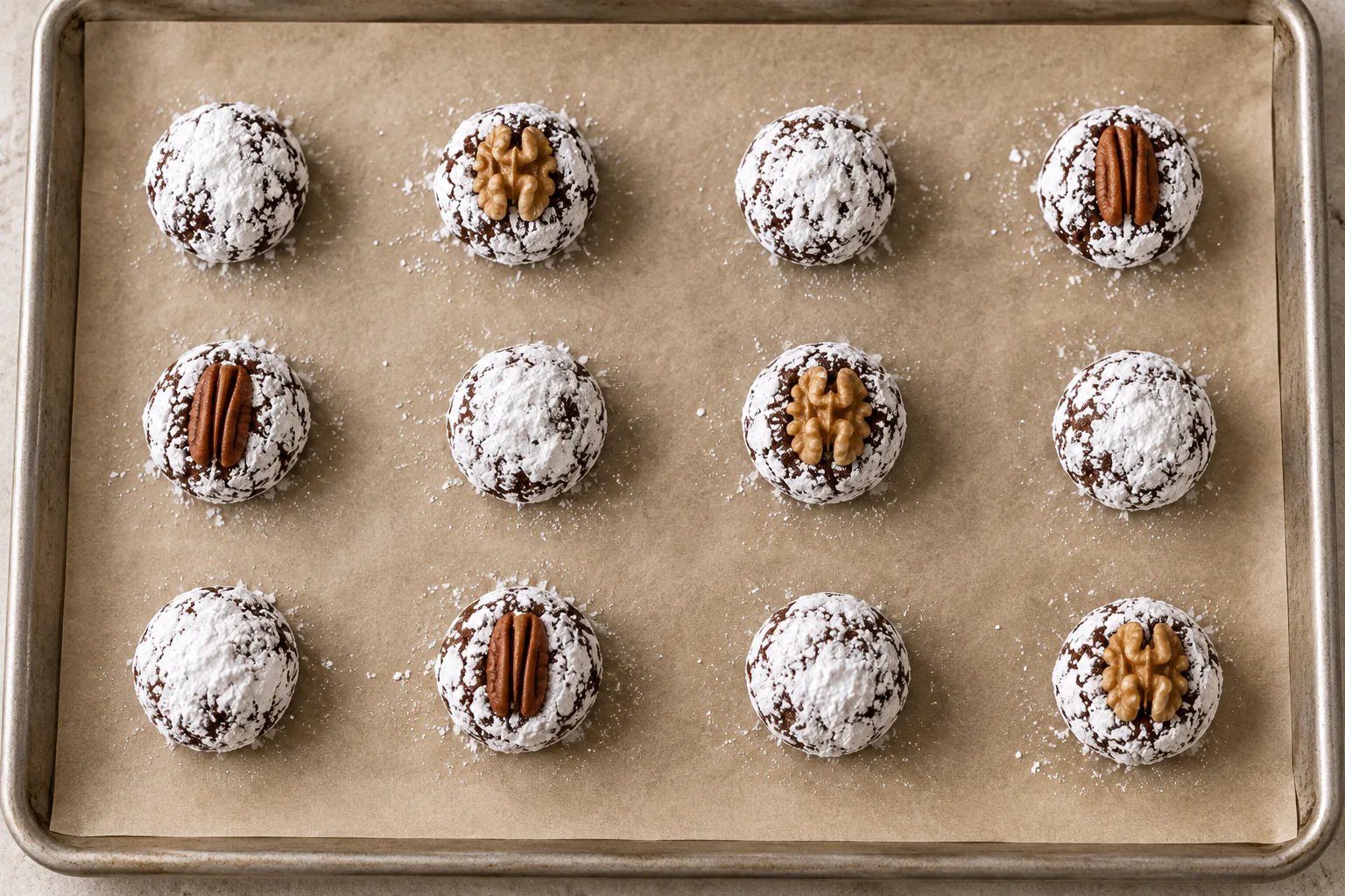 Powdered-sugar-coated dough balls spaced far apart on a baking sheet, some topped with walnut or pecan