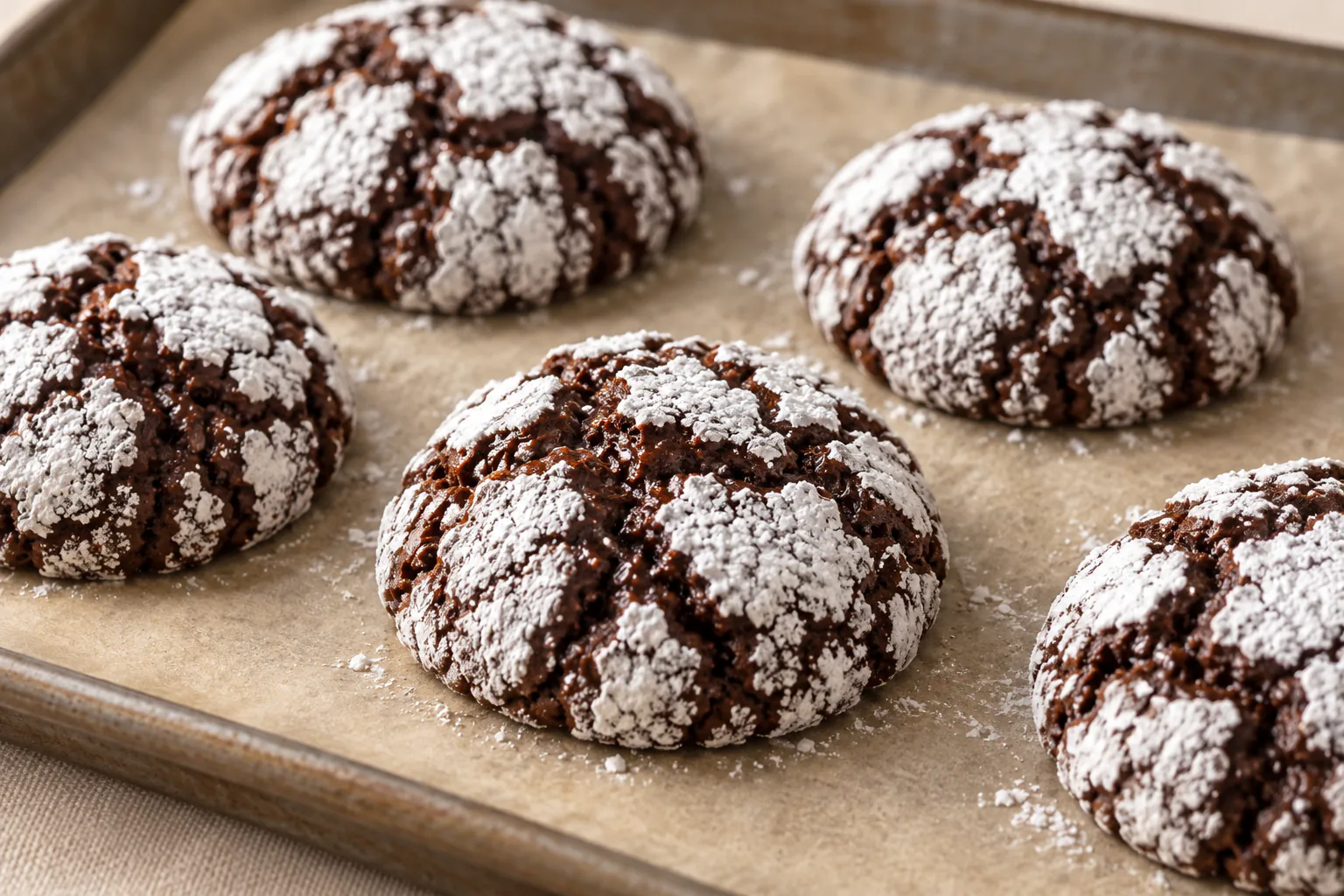 Freshly baked chocolate crinkle cookies with pronounced cracks whose exposed dough still looks moist