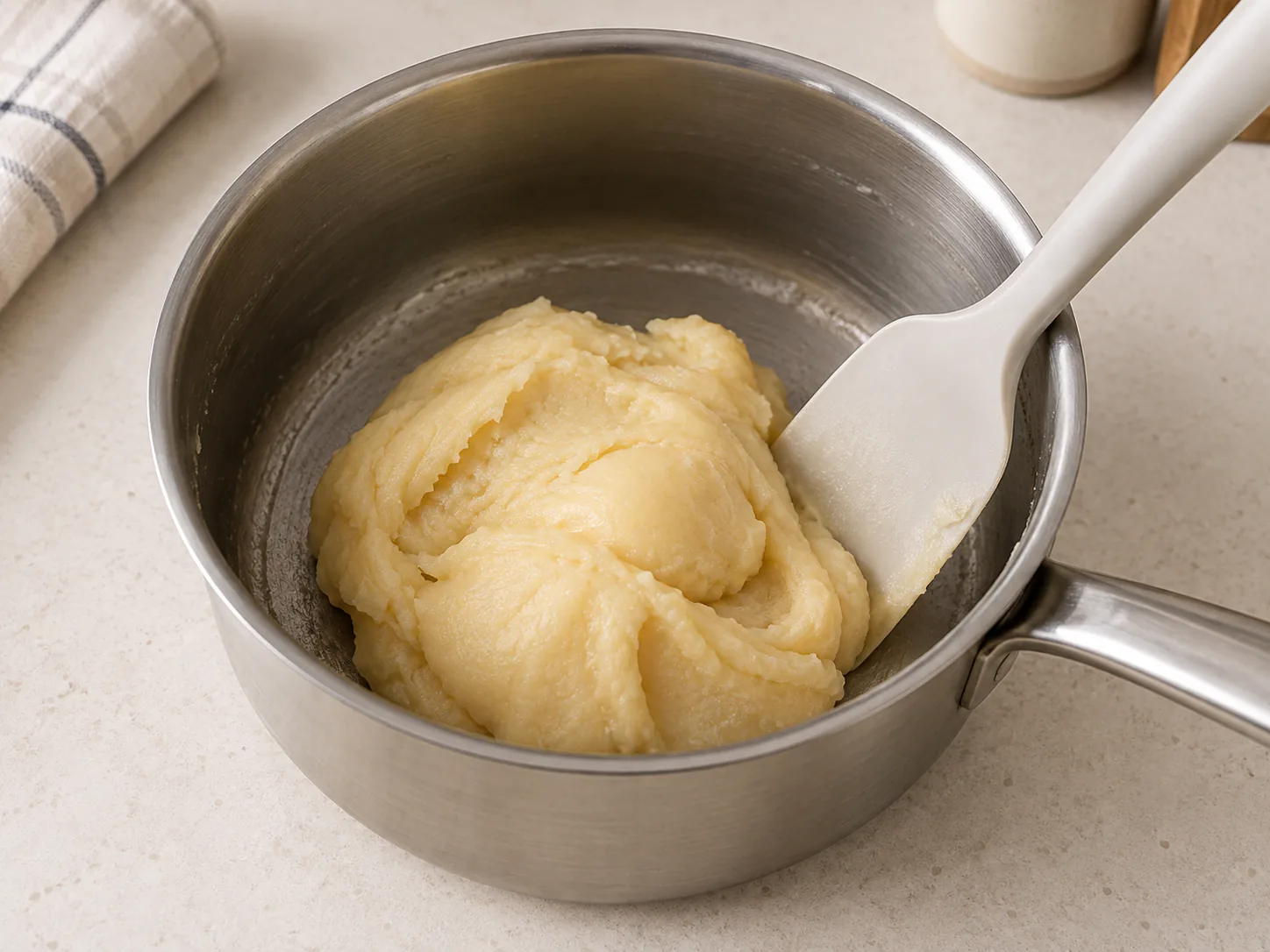 A smooth pale choux paste gathered into one mass in a stainless-steel saucepan