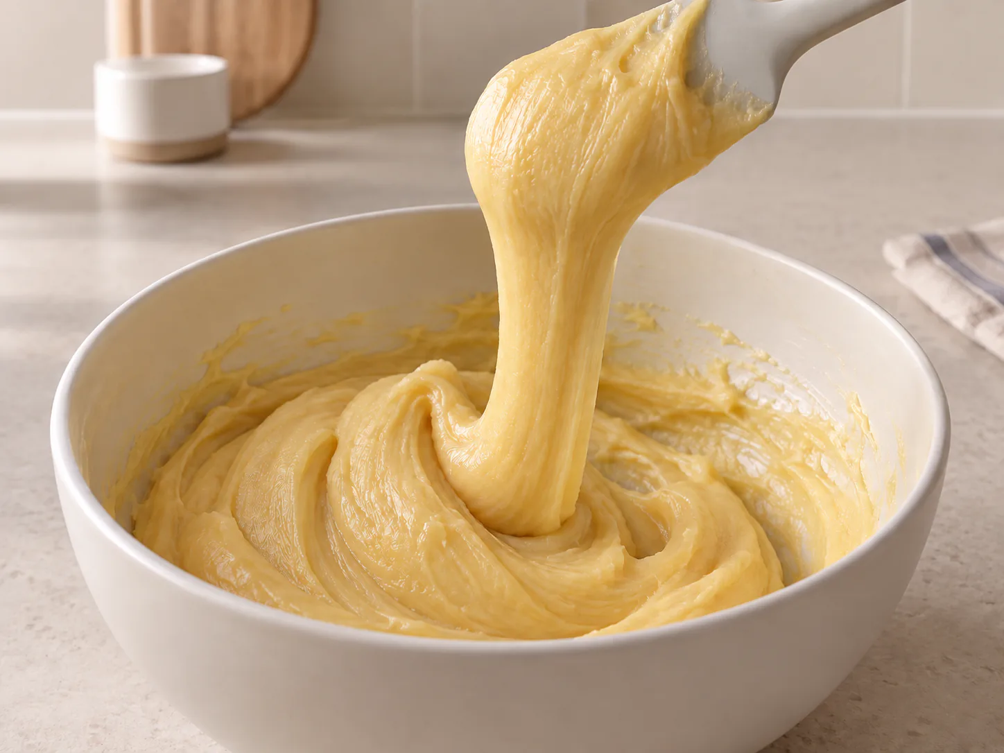 Glossy choux dough falling slowly from a spatula in a thick ribbon above a bowl