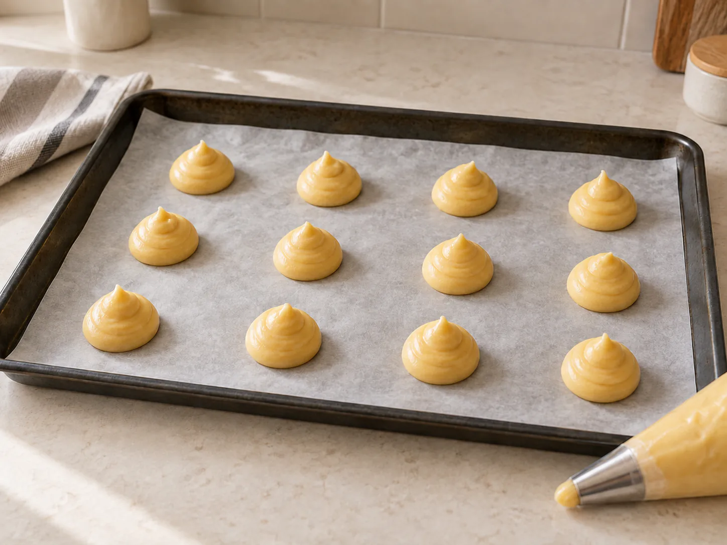 Even walnut-size rounds of uncooked choux dough spaced apart on a parchment-lined tray