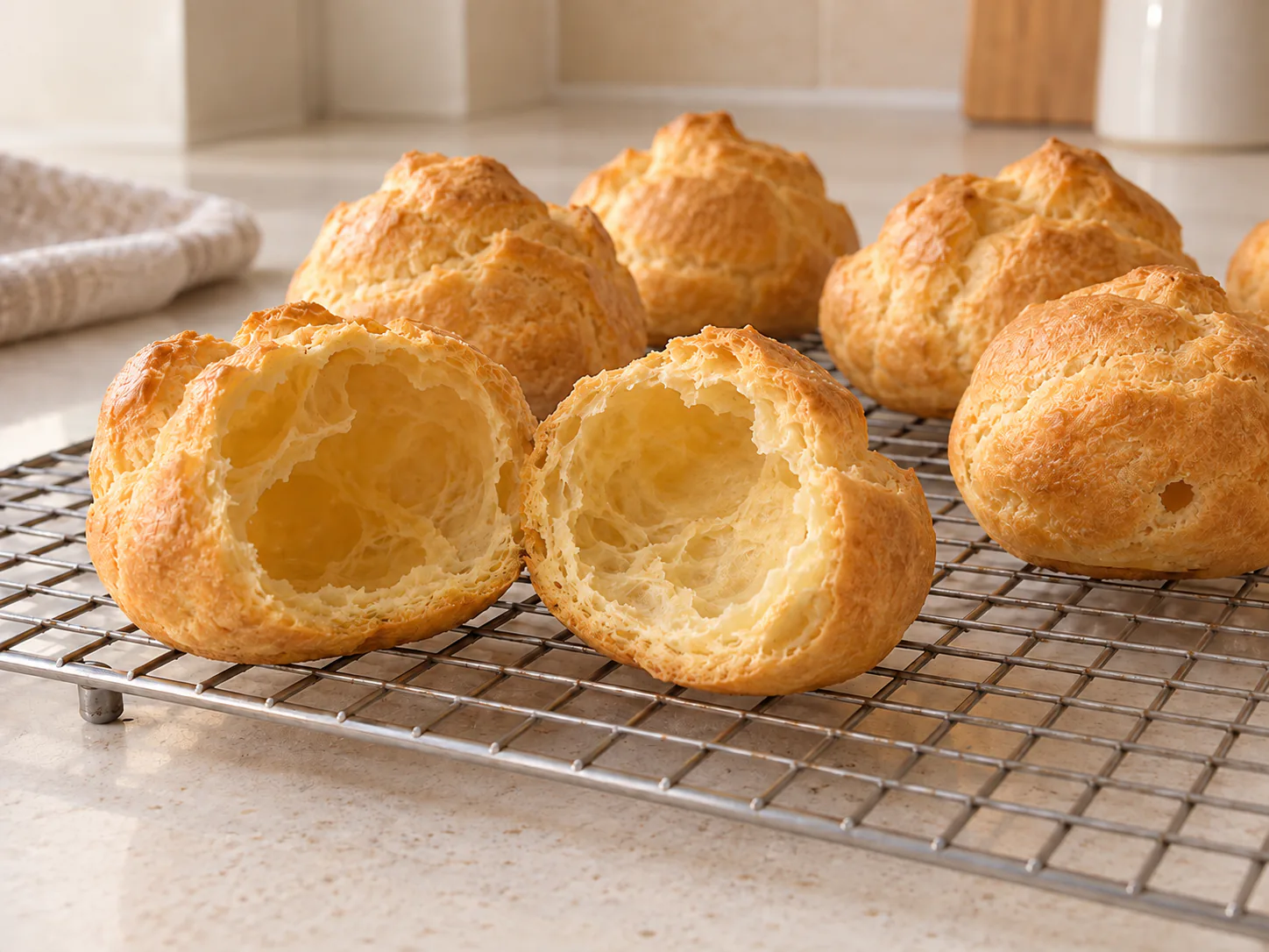 Golden profiterole shells on a rack with one split open to show a dry hollow centre