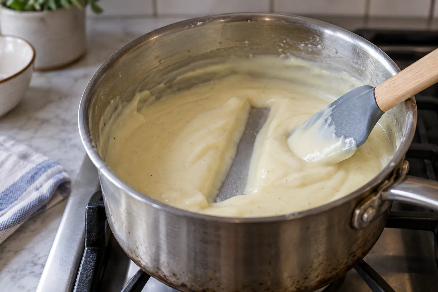 Thick eggless vanilla custard with a spatula channel that closes slowly