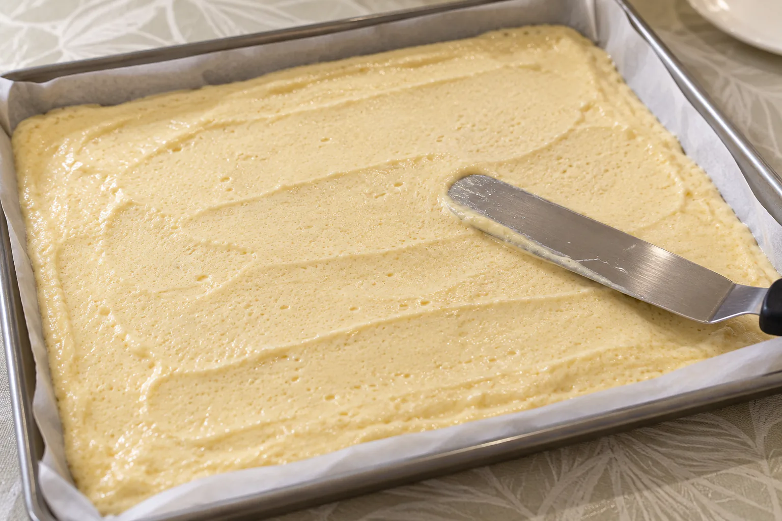 Airy sponge batter spread in a thin, even rectangle on parchment