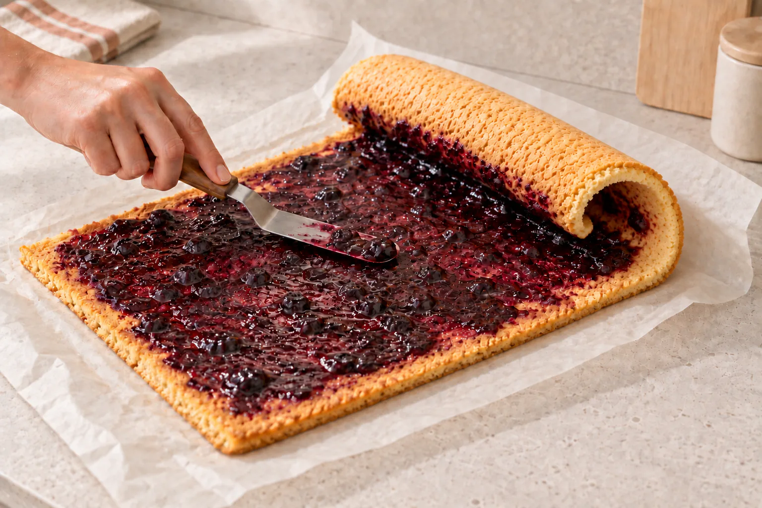 Blueberry jam with small berry pieces spread on the sponge while one edge curves smoothly upward and inward over the jam