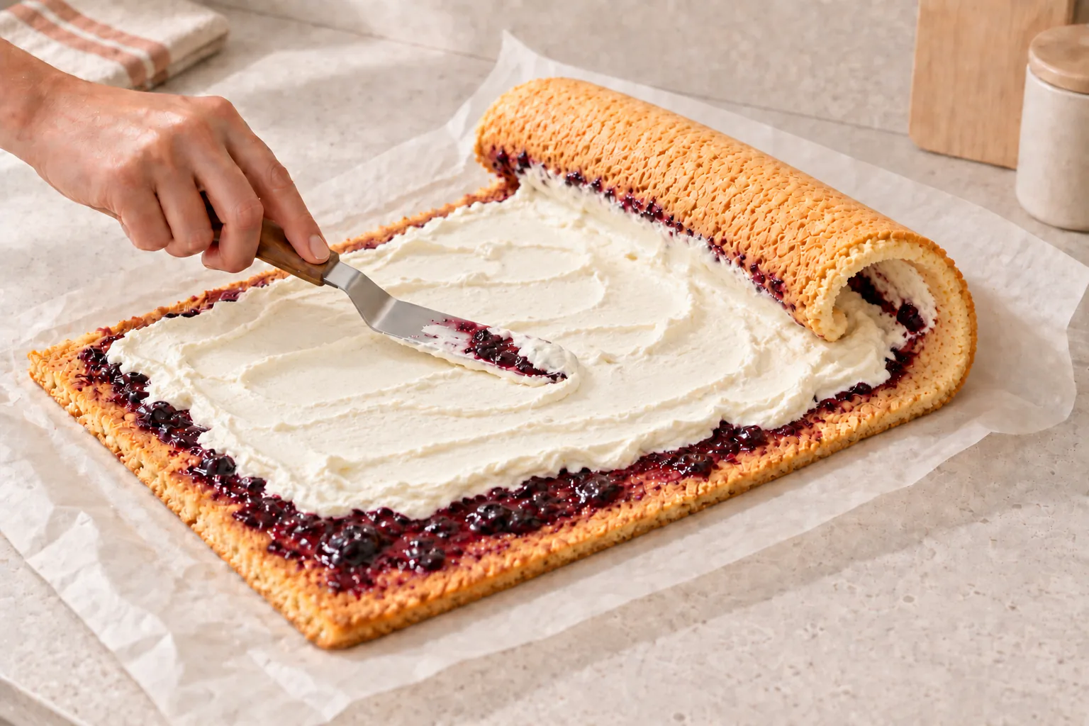 Whipped cream with mascarpone spread over blueberry jam, leaving a 2 cm border without cream at the closing edge