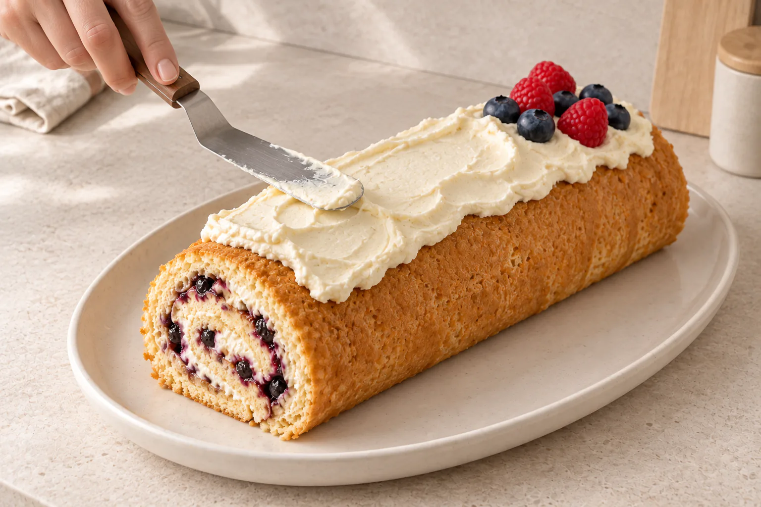 Reserved cream being spread on top of the finished roll, with a few berries added for decoration