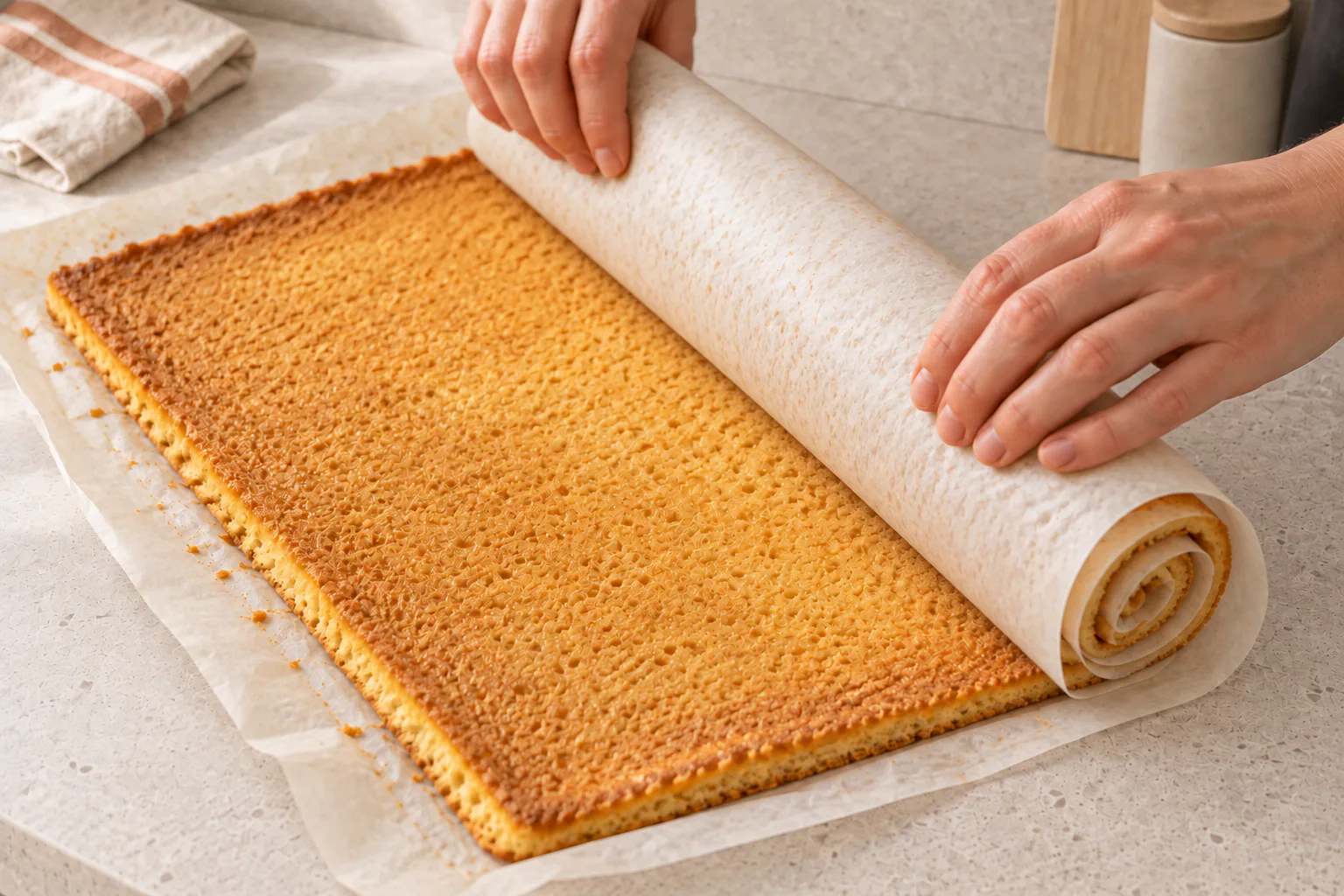 Warm sponge rolled together with its baking parchment, with paper visible between the turns