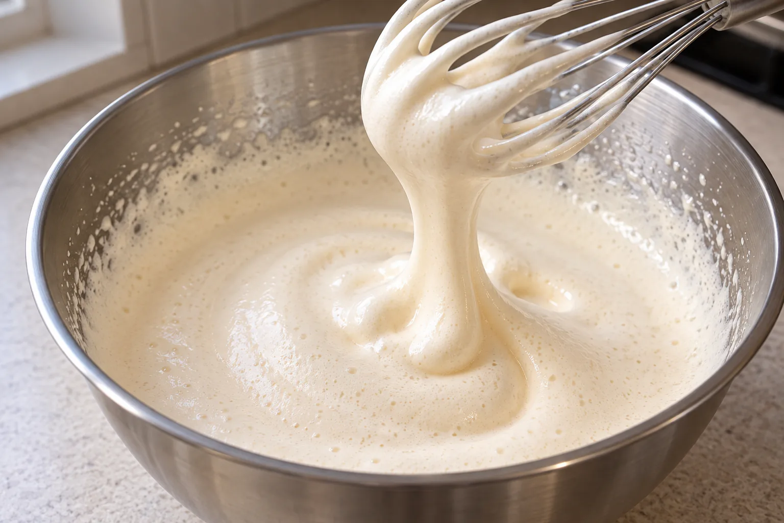 Thick pale egg foam falling from a whisk in a broad ribbon