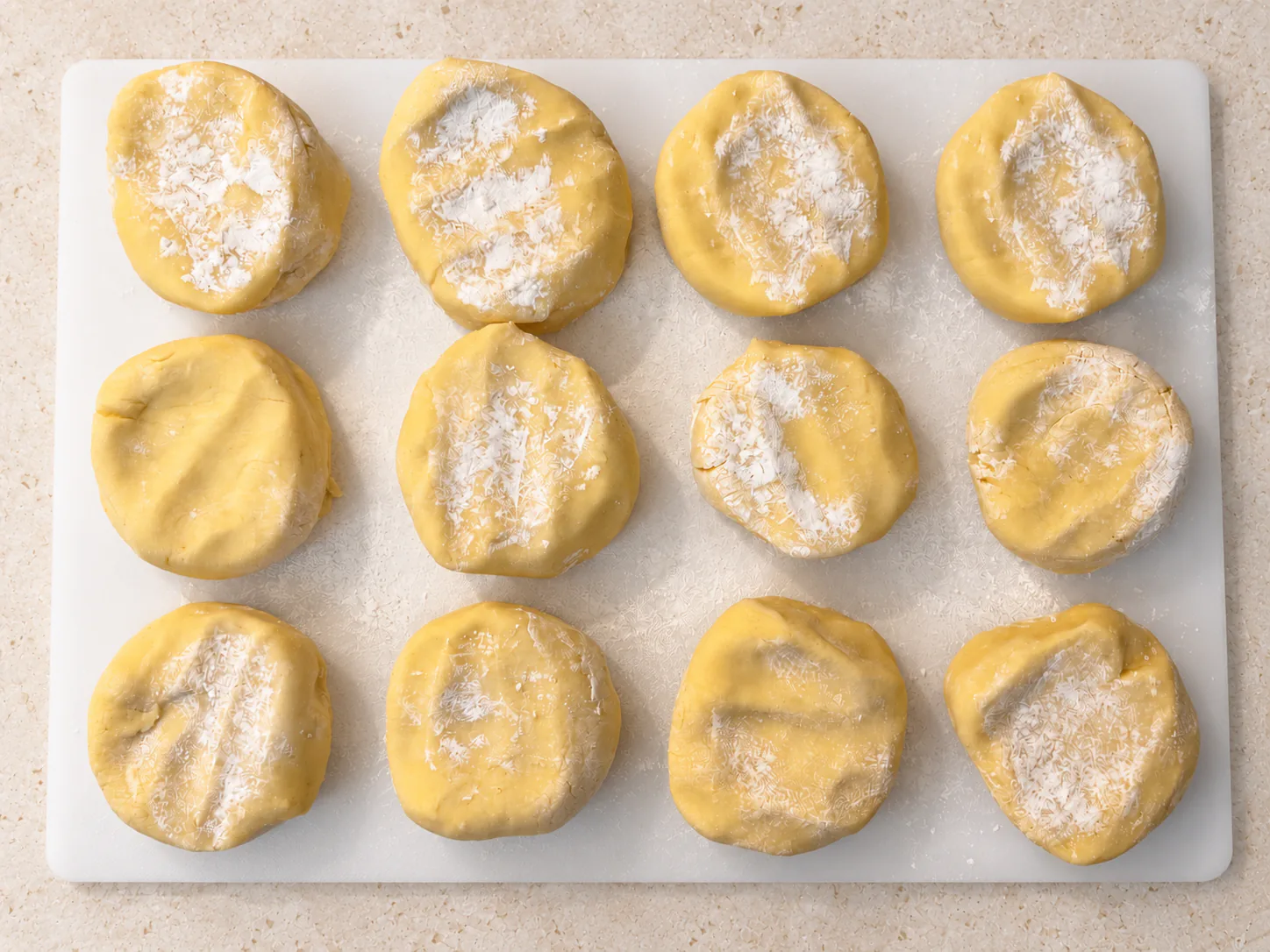 Twelve dough portions with flour-dusted cut sides