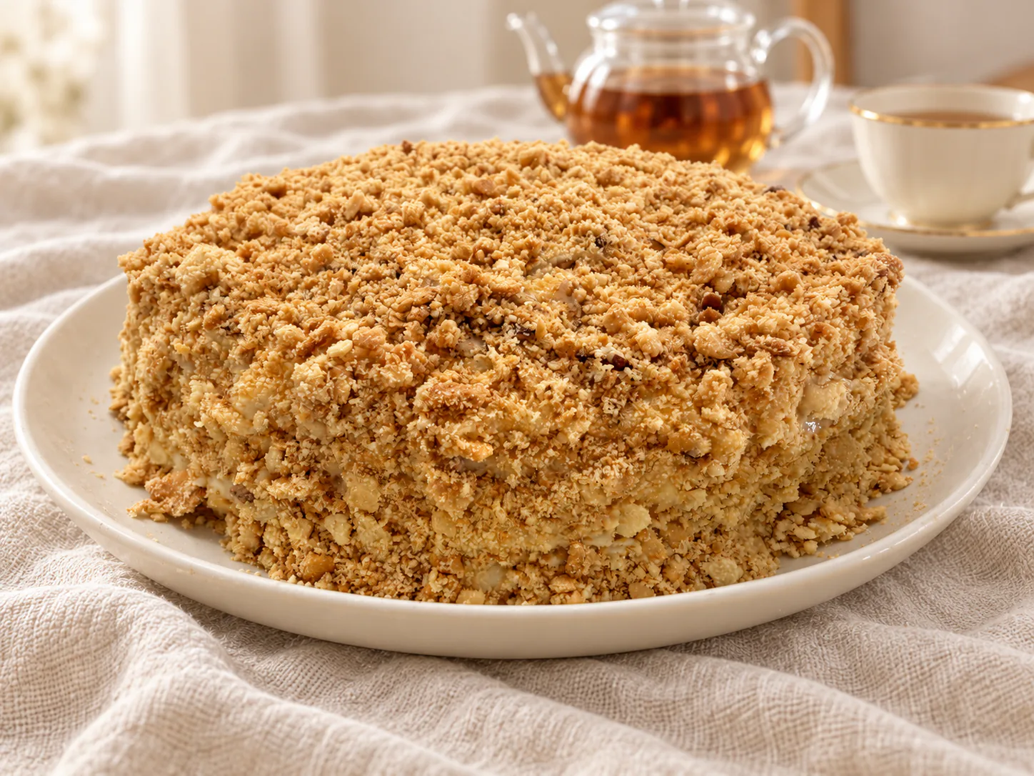 Napoleon cake with custard and a golden crumb coating