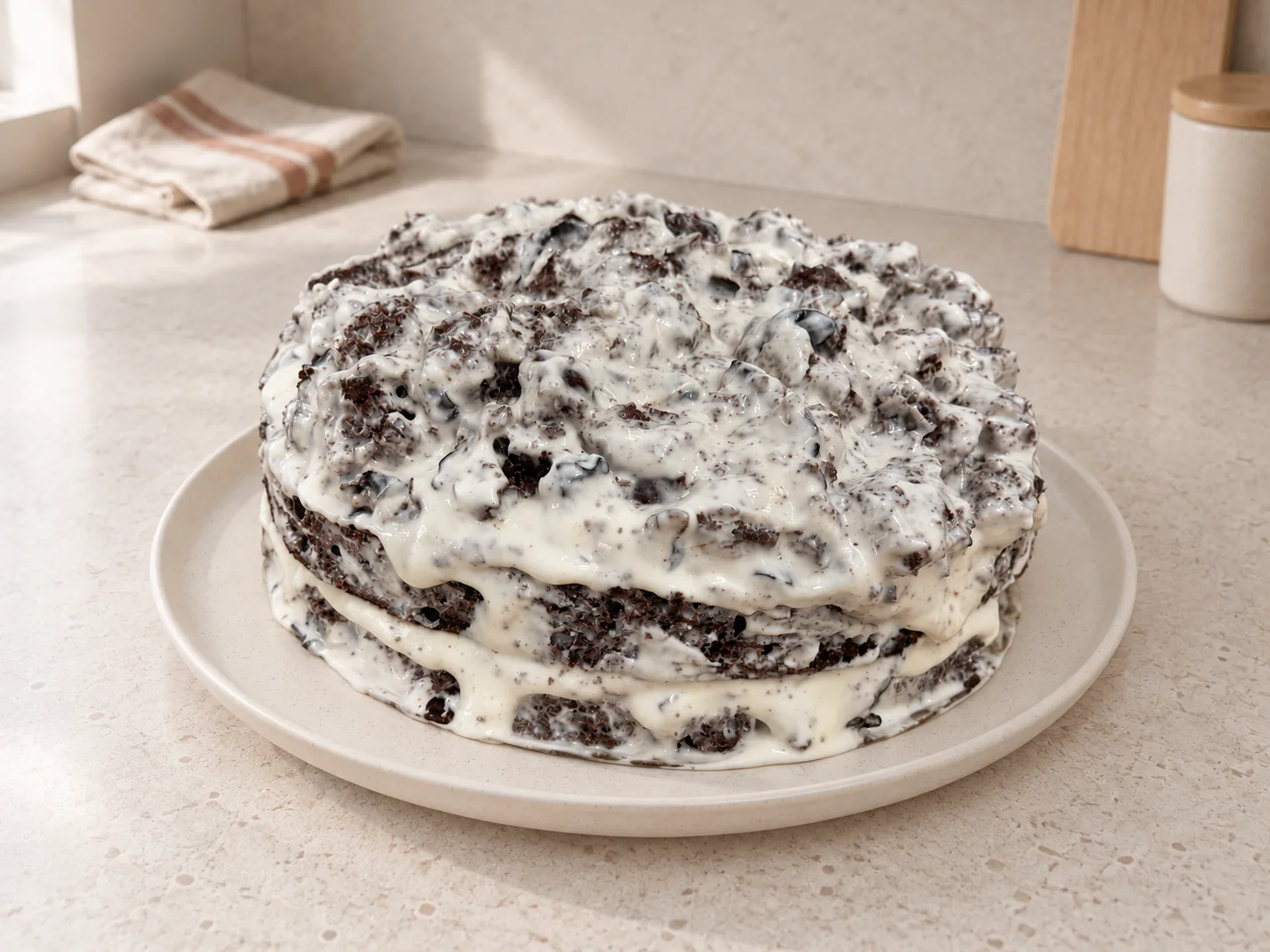 Assembled cake with cream-coated pieces before glazing