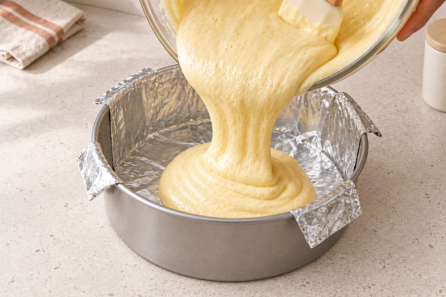 Sponge batter being poured into a round tin lined with two crossed sheets of aluminium foil