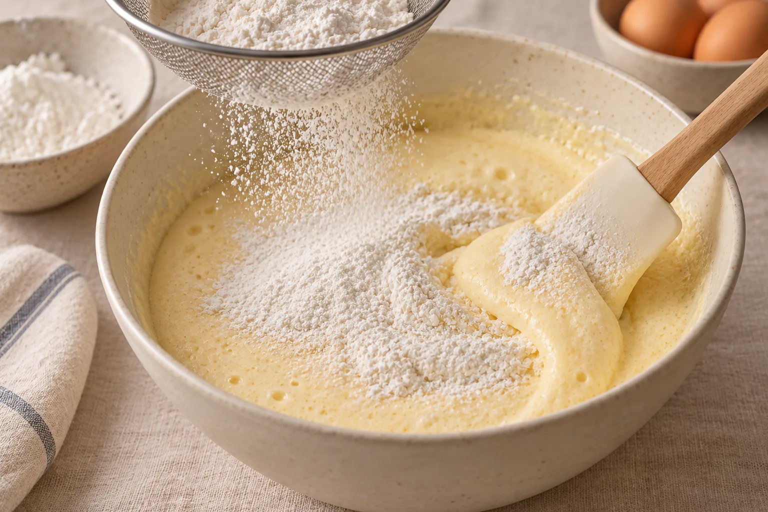 Dry ingredients being added to airy sponge batter