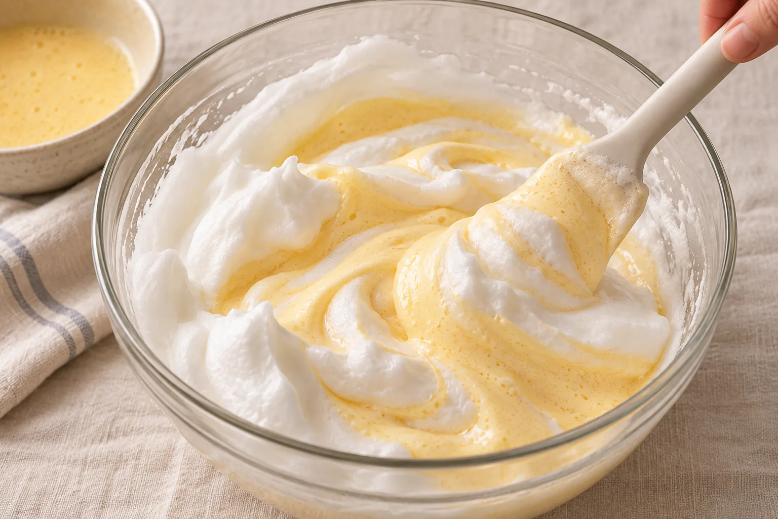 Yolk mixture being gently folded into whipped whites