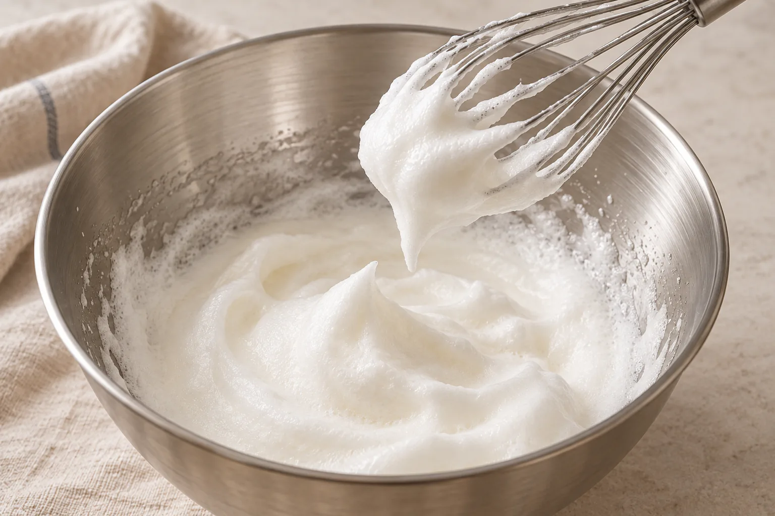 Thick white egg foam on a lifted whisk