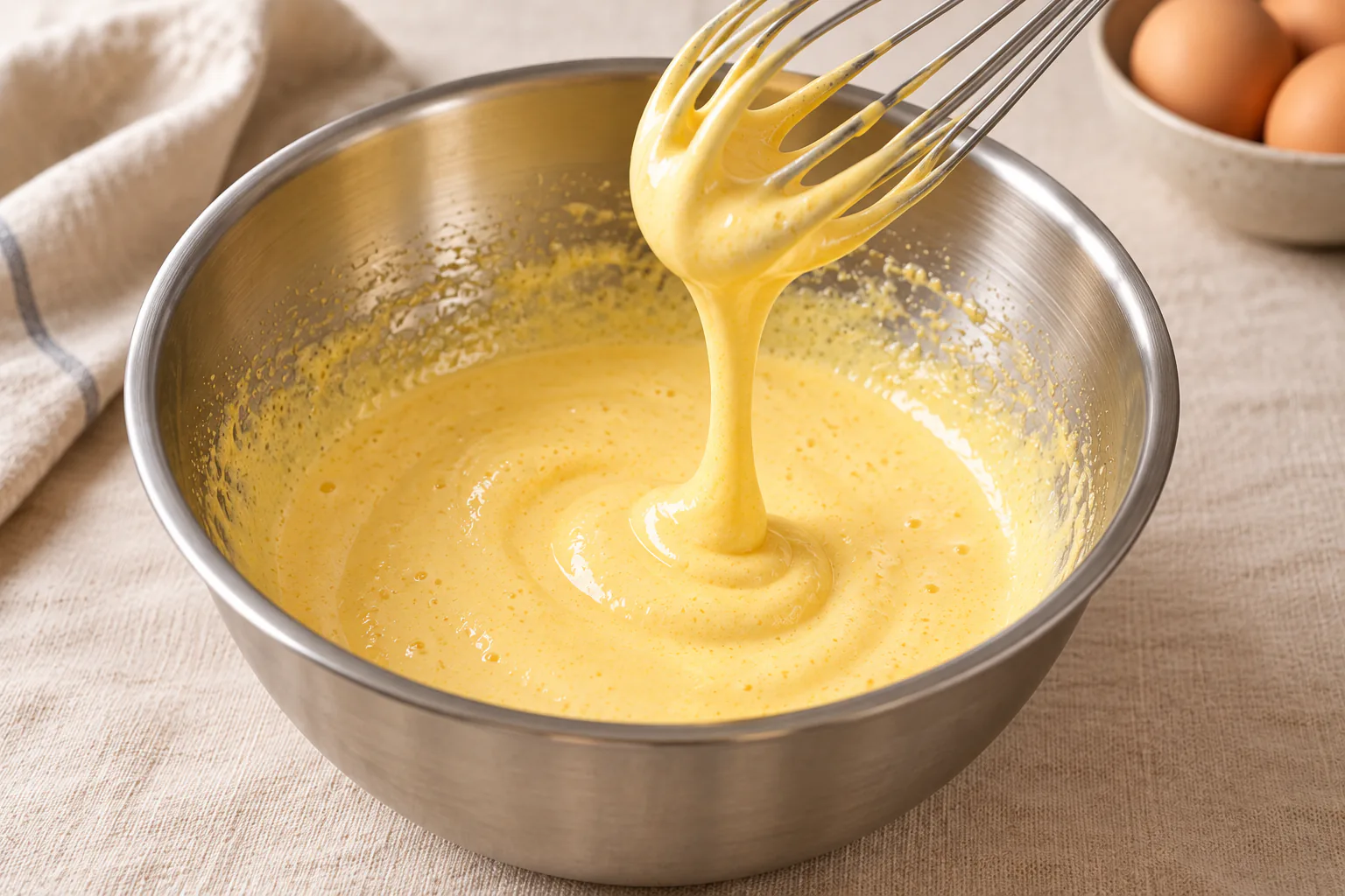Pale thick yolk mixture falling from a whisk in a ribbon