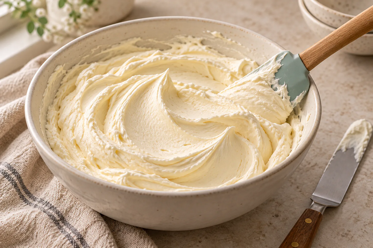Smooth whipped mascarpone cream holding firm soft peaks in a ceramic bowl