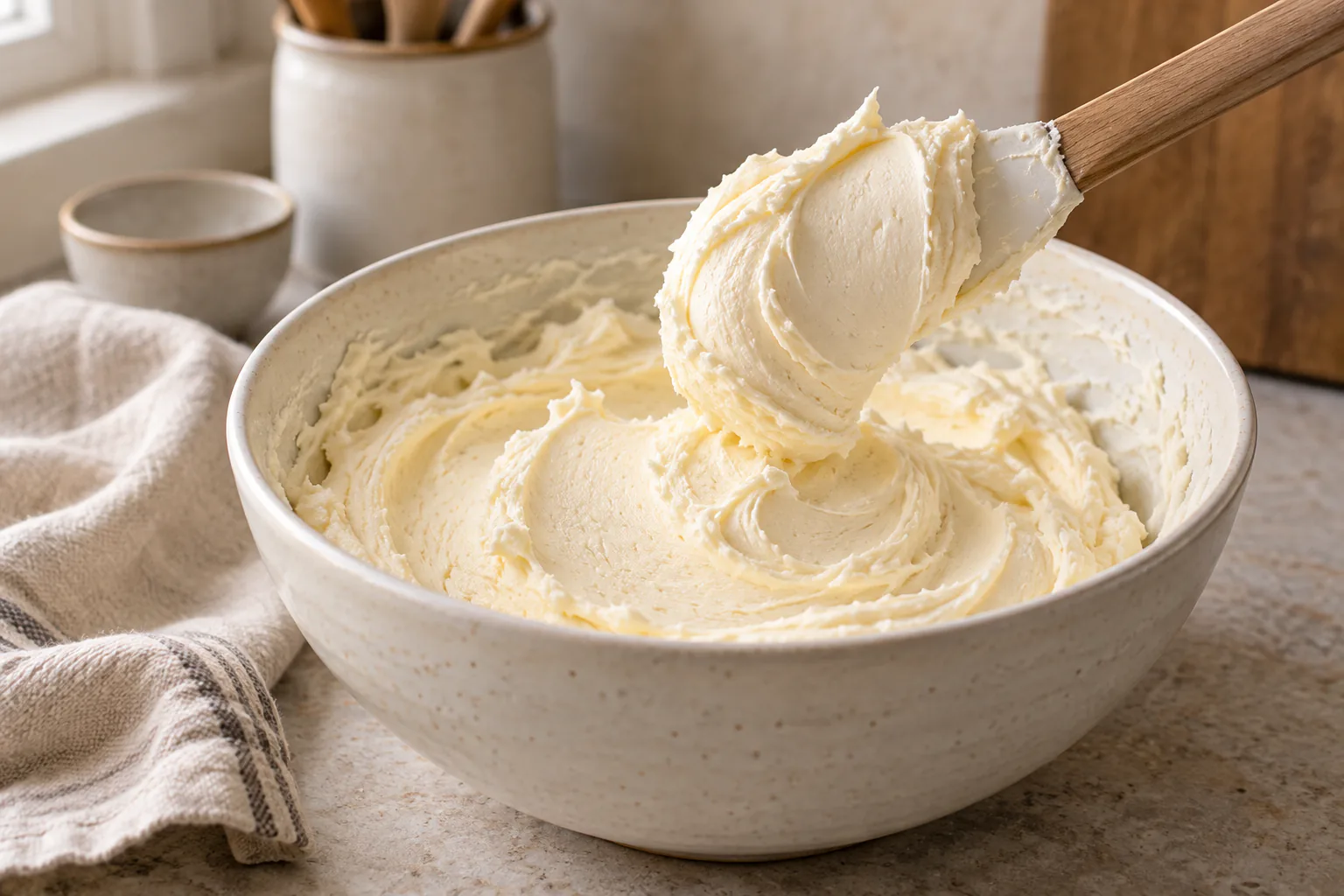 Stable pale vanilla buttercream holding a firm spatula swoop in a ceramic bowl