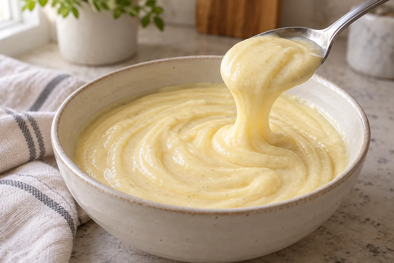 Thick glossy vanilla egg custard falling from a spoon into a ceramic bowl