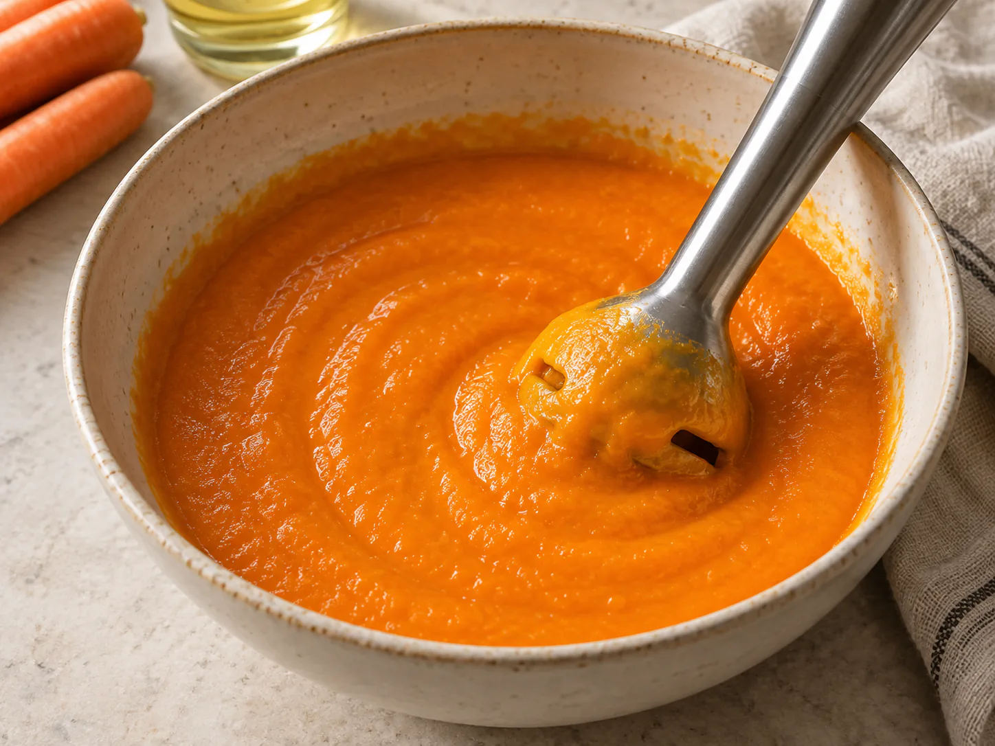 Smooth orange carrot and oil puree beside an immersion blender