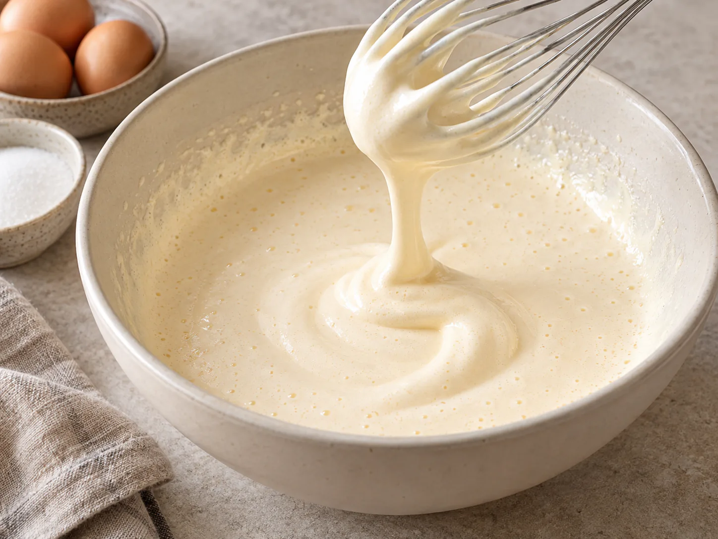 Thick pale egg and sugar foam falling in a ribbon from a whisk