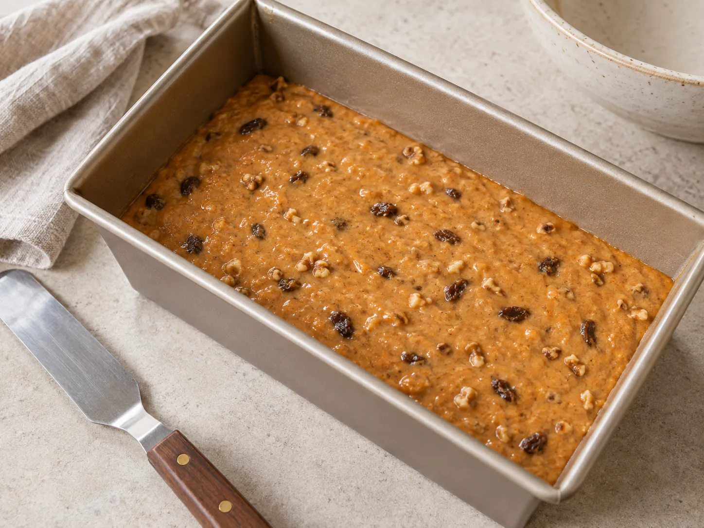 Raw carrot batter in a tall loaf pan
