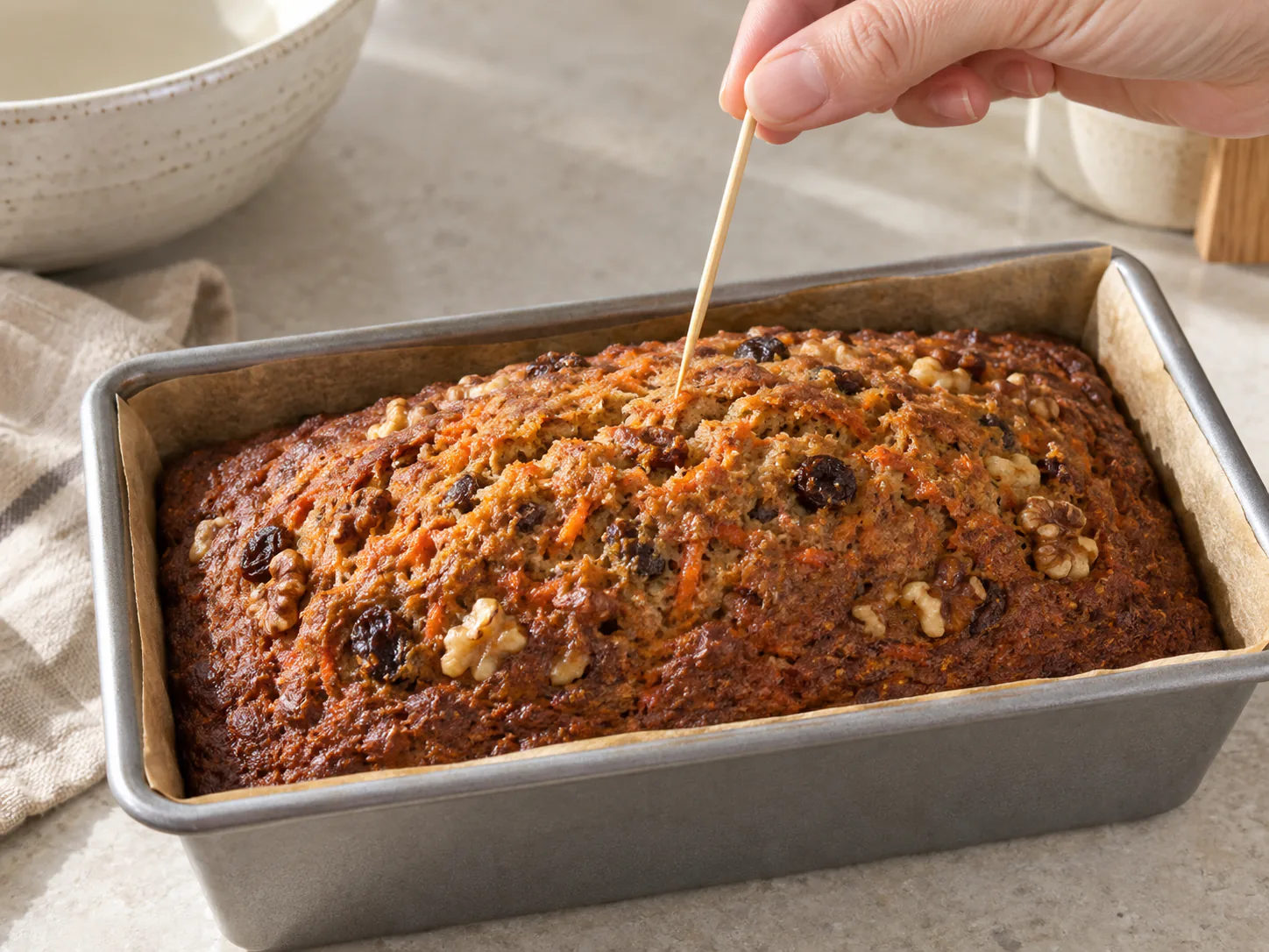 Baked carrot cake and a dry toothpick lifted from the centre
