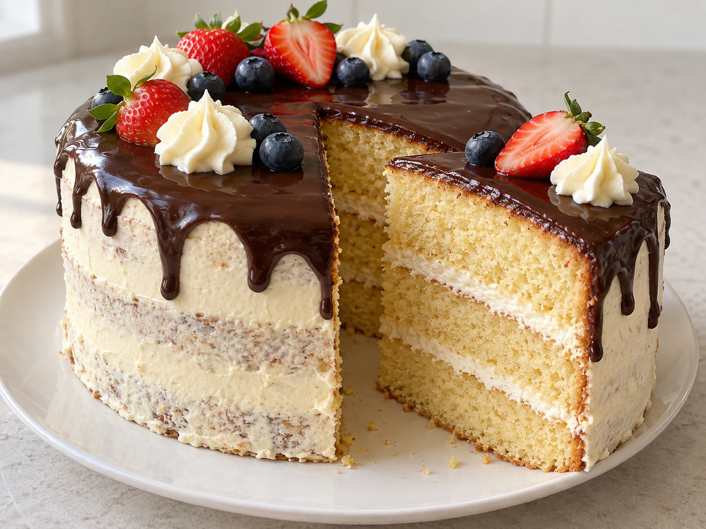 Illustrative cut cake with three sponge layers, two sour cream fillings and chocolate glaze