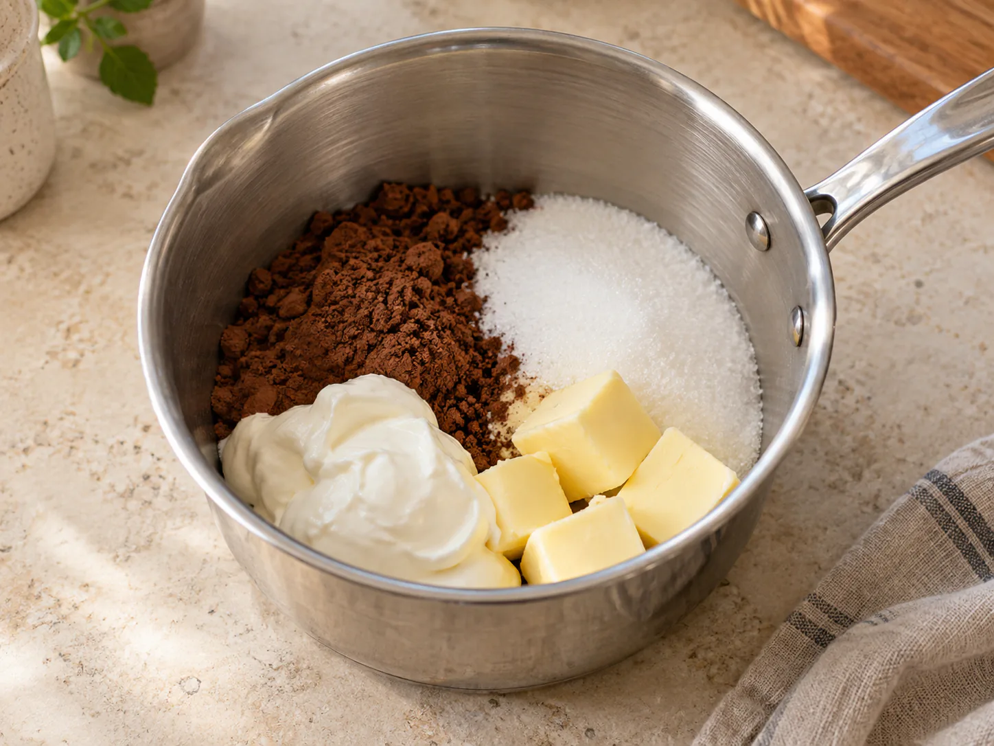 Sour cream, sugar, cocoa and pieces of butter in a small saucepan