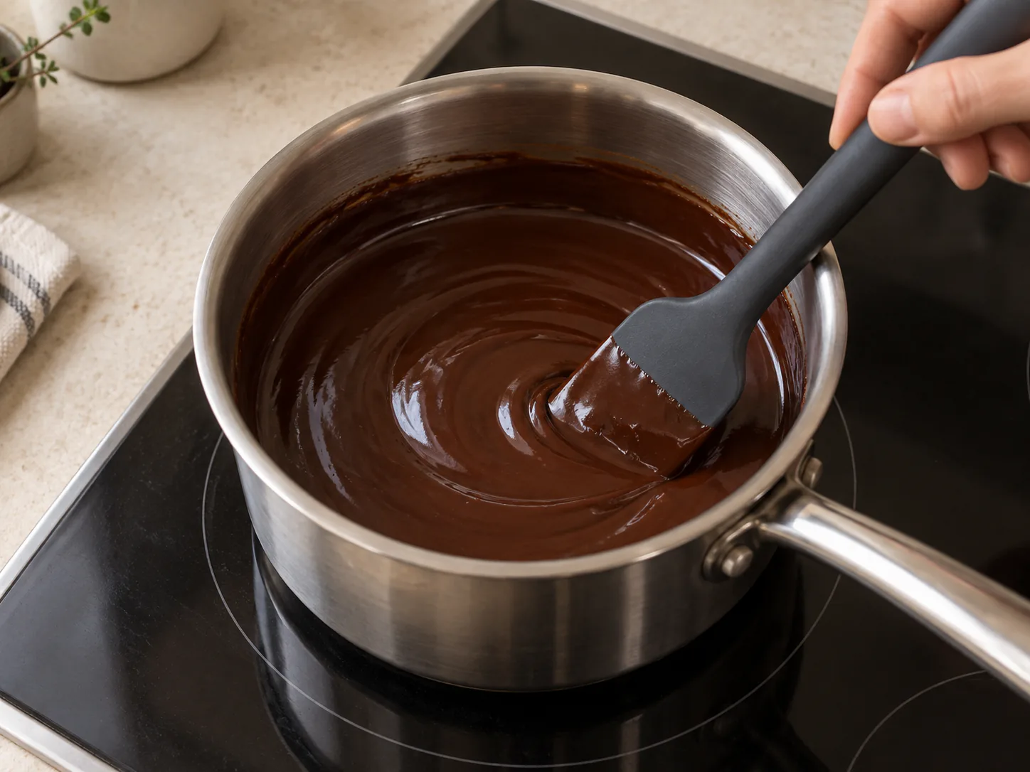 Smooth chocolate glaze being stirred in a saucepan over low heat