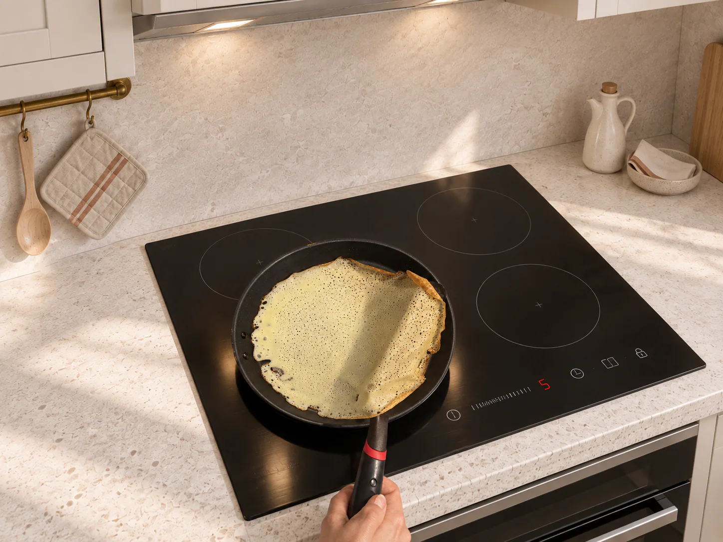 A spatula lifting the edge of a crepe in a pan