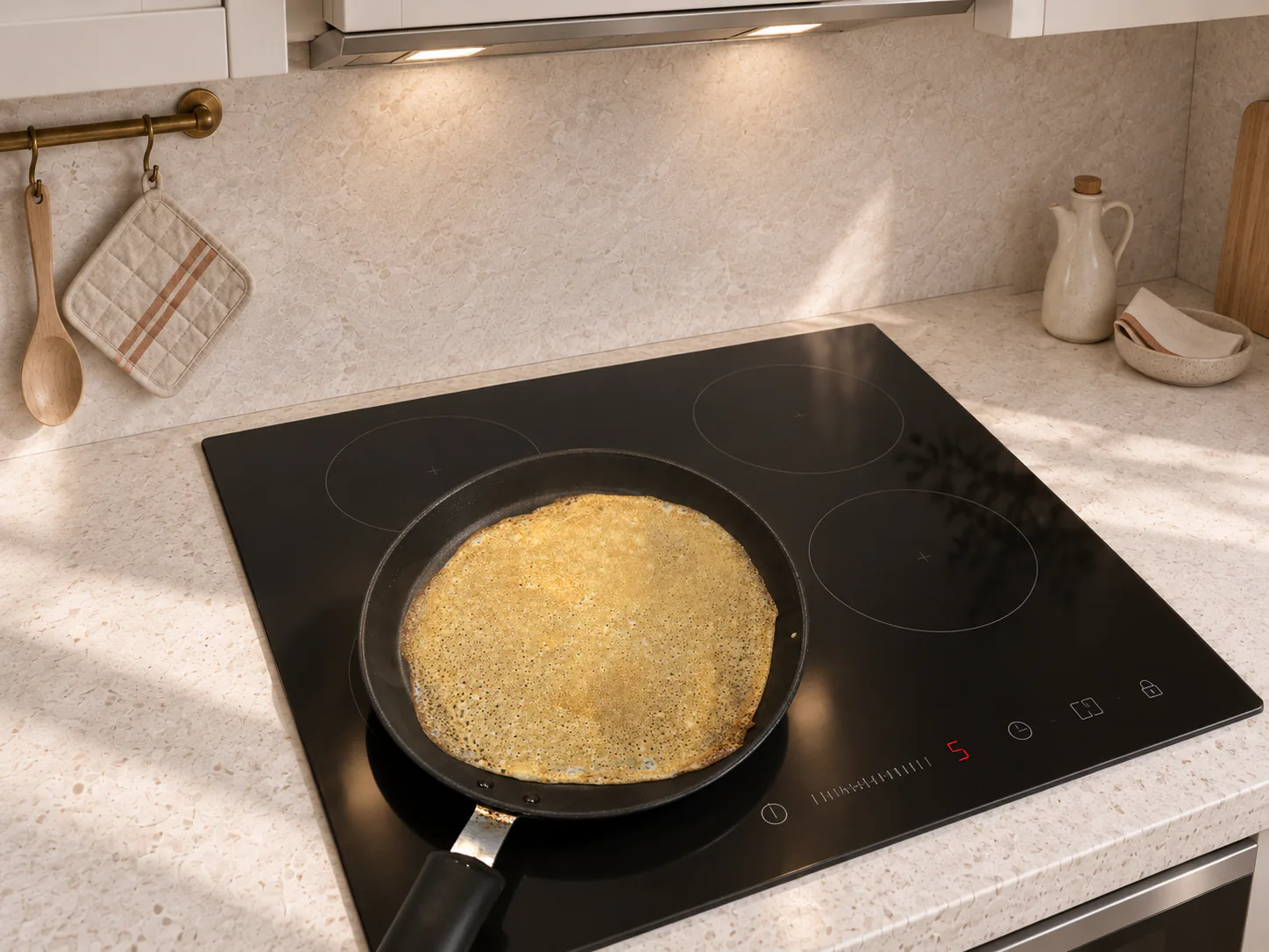 Golden cooked side of a flipped crepe in a pan