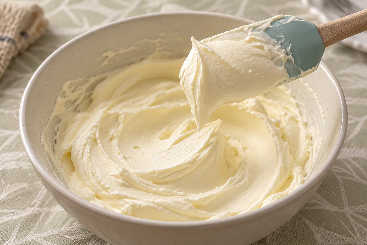 Whipped mascarpone cream holding a smooth stable peak on a spatula